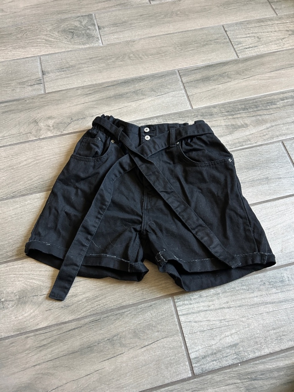 Women's Black High-Waist Paperbag Shorts with Tie Belt